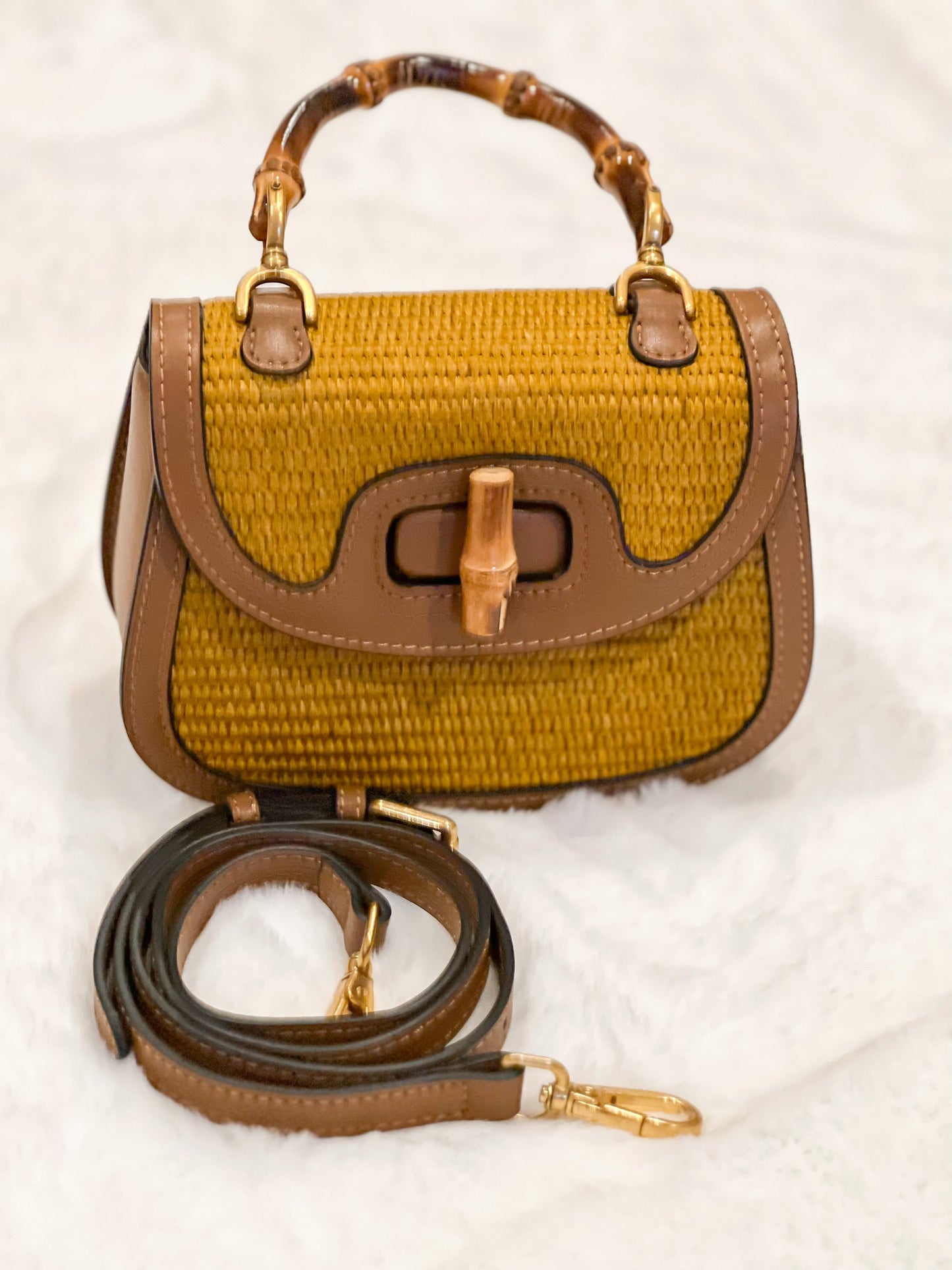 Straw Woven Bag With Bamboo