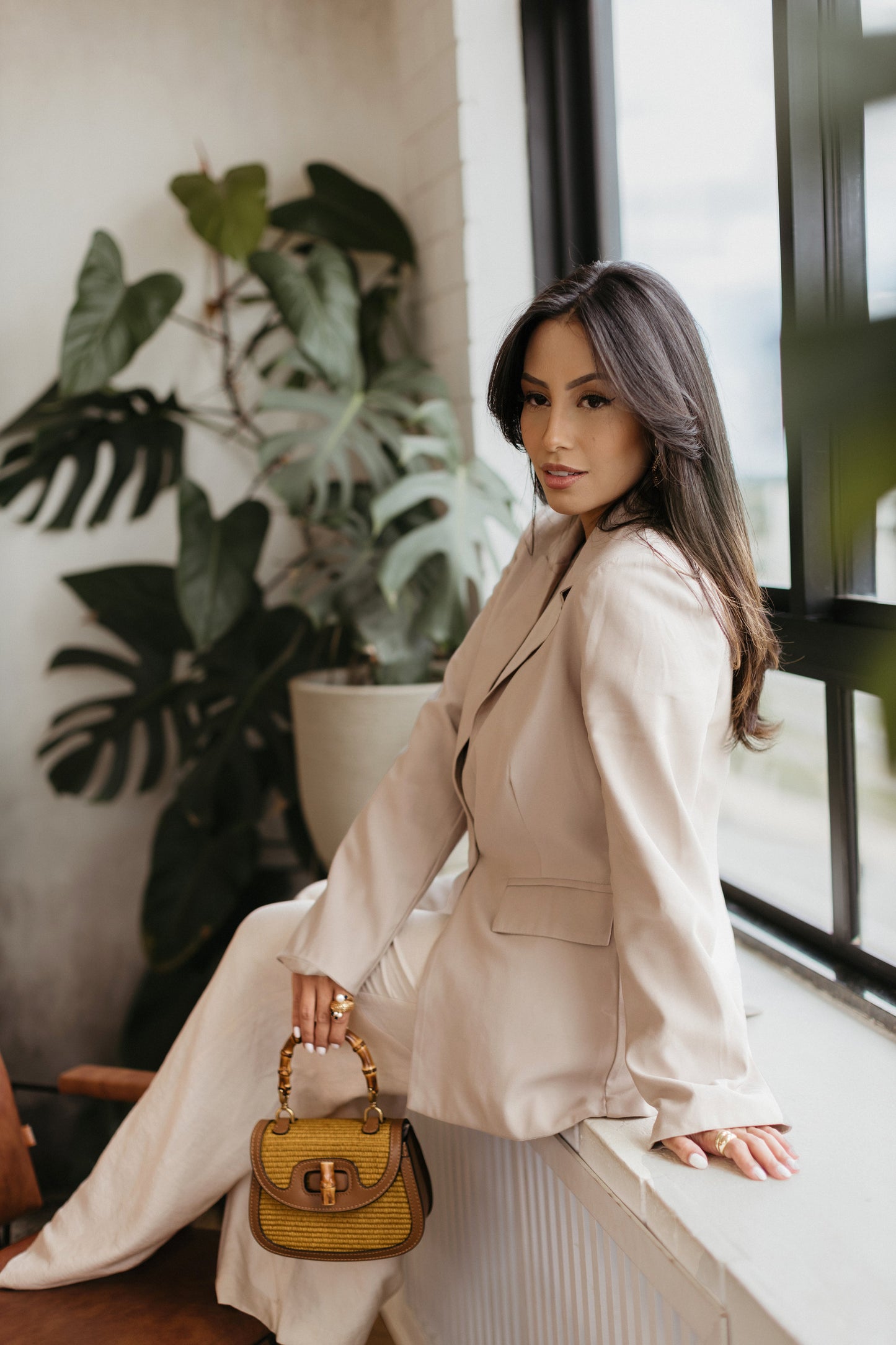 Straw Woven Bag With Bamboo